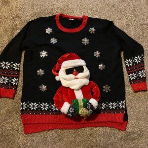 Funny Unique Ugly Christmas Sweater 3D Cool Sunglasses Santa Sequin Sparkle 2X